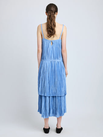 Proenza Schouler Back full length image of model wearing Clyne Dress in Pleated Jersey in Pool