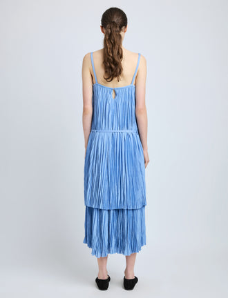 Proenza Schouler Back full length image of model wearing Clyne Dress in Pleated Jersey in Pool