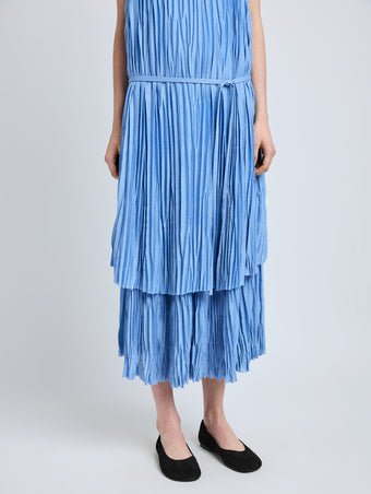 Proenza Schouler Detail image of model wearing Clyne Dress in Pleated Jersey in Pool