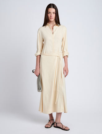 Proenza Schouler Front full length image of model wearing Lato Wrap Dress in Linen Slub in Light Wheat