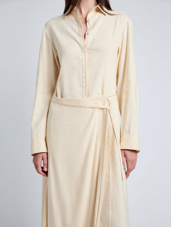 Proenza Schouler Detail image of model wearing Lato Wrap Dress in Linen Slub in Light Wheat