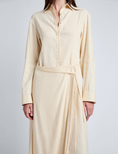 Proenza Schouler Detail image of model wearing Lato Wrap Dress in Linen Slub in Light Wheat