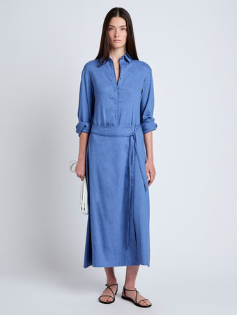 Proenza Schouler Front full length image of model wearing Lato Wrap Dress in Linen Slub in Denim