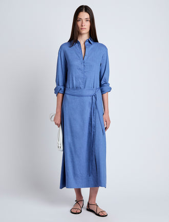 Proenza Schouler Front full length image of model wearing Lato Wrap Dress in Linen Slub in Denim