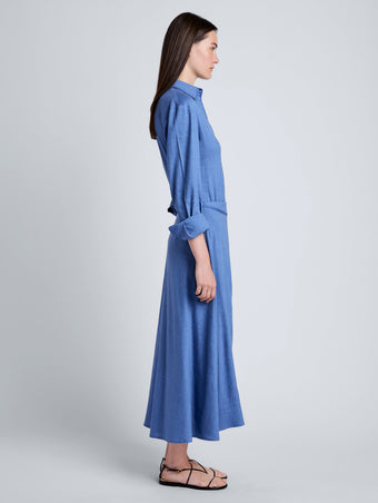 Proenza Schouler Side full length image of model wearing Lato Wrap Dress in Linen Slub in Denim