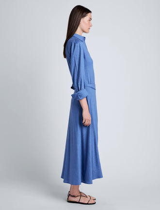 Proenza Schouler Side full length image of model wearing Lato Wrap Dress in Linen Slub in Denim