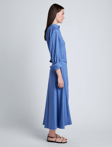 Proenza Schouler Side full length image of model wearing Lato Wrap Dress in Linen Slub in Denim