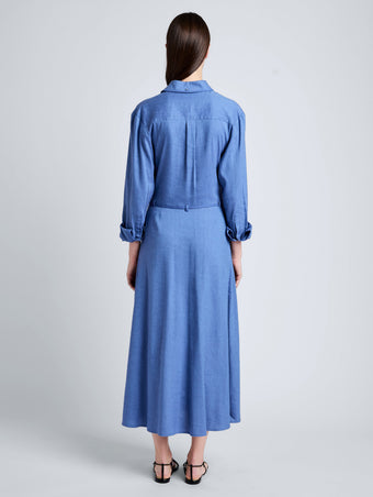 Proenza Schouler Back full length image of model wearing Lato Wrap Dress in Linen Slub in Denim