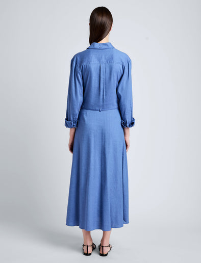 Proenza Schouler Back full length image of model wearing Lato Wrap Dress in Linen Slub in Denim