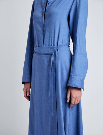 Proenza Schouler Detail image of model wearing Lato Wrap Dress in Linen Slub in Denim
