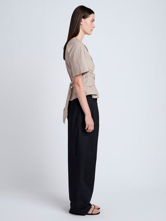 Proenza Schouler Side image of model wearing Lilian Top in Brushed Poplin in Granite