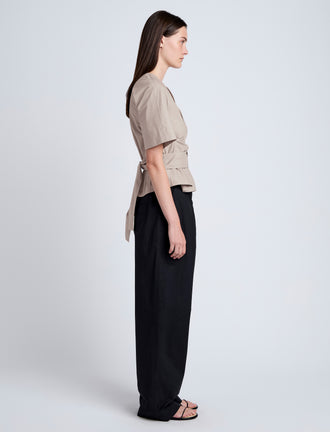 Proenza Schouler Side image of model wearing Lilian Top in Brushed Poplin in Granite