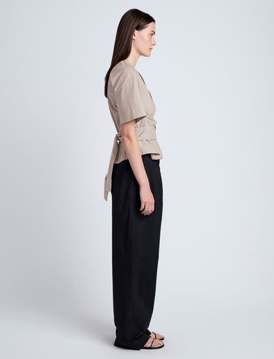 Proenza Schouler Side image of model wearing Lilian Top in Brushed Poplin in Granite