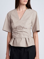 Proenza Schouler Detail image of model wearing Lilian Top in Brushed Poplin in Granite