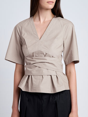 Proenza Schouler Detail image of model wearing Lilian Top in Brushed Poplin in Granite
