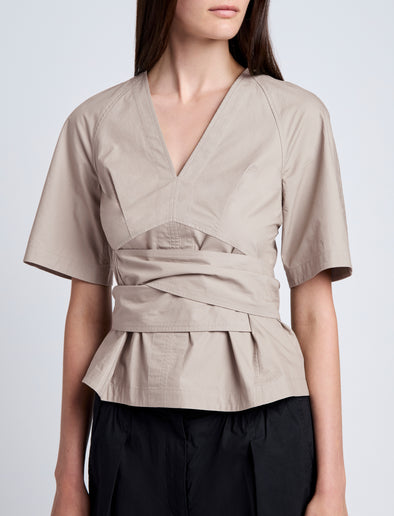 Proenza Schouler Detail image of model wearing Lilian Top in Brushed Poplin in Granite