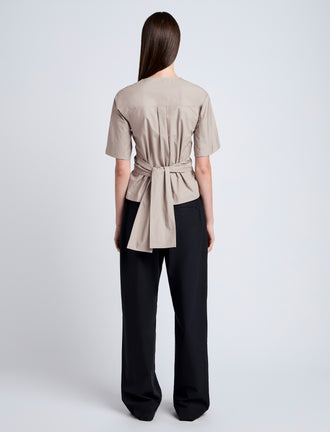 Proenza Schouler Back full length image of model wearing Lilian Top in Brushed Poplin in Granite