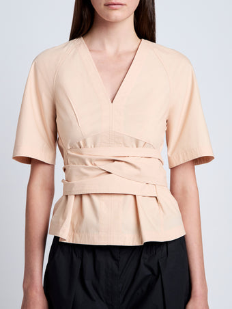 Proenza Schouler Detail image of model wearing Lilian Top in Brushed Poplin in Light Rose