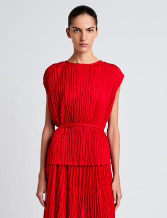 Proenza Schouler Front cropped image of model wearing Lyra Top in Pleated Jersey in Dark Poppy