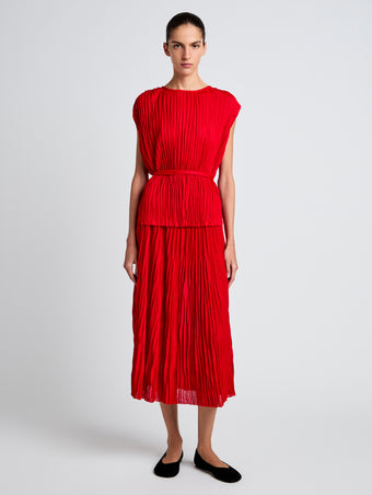 Proenza Schouler Front full length image of model wearing Lyra Top in Pleated Jersey in Dark Poppy
