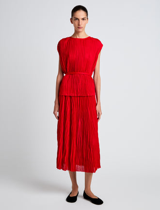 Proenza Schouler Front full length image of model wearing Lyra Top in Pleated Jersey in Dark Poppy