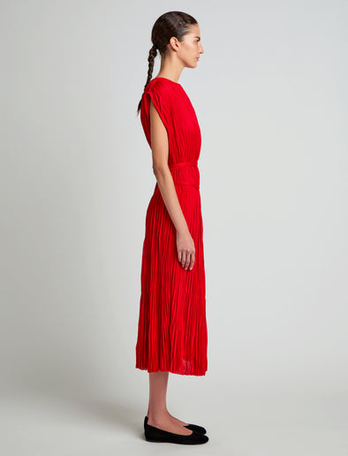 Proenza Schouler Side full length image of model wearing Lyra Top in Pleated Jersey in Dark Poppy