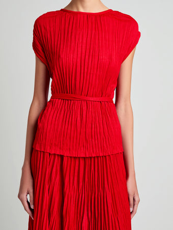 Proenza Schouler Detail image of model wearing Lyra Top in Pleated Jersey in Dark Poppy