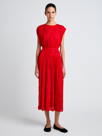 Proenza Schouler Front full length image of model wearing Lyra Top in Pleated Jersey in Dark Poppy
