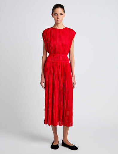 Proenza Schouler Front full length image of model wearing Lyra Top in Pleated Jersey in Dark Poppy
