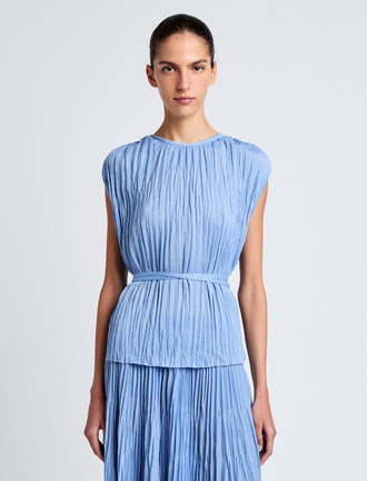Proenza Schouler Front cropped image of model wearing Lyra Top in Pleated Jersey in Pool