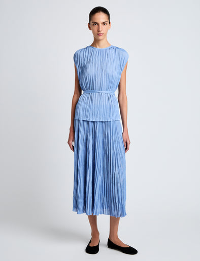 Proenza Schouler Front full length image of model wearing Lyra Top in Pleated Jersey in Pool