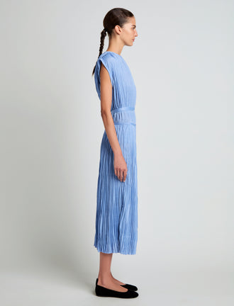 Proenza Schouler Side full length image of model wearing Lyra Top in Pleated Jersey in Pool