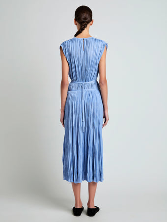 Proenza Schouler Back full length image of model wearing Lyra Top in Pleated Jersey in Pool