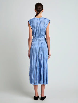 Proenza Schouler Back full length image of model wearing Lyra Top in Pleated Jersey in Pool