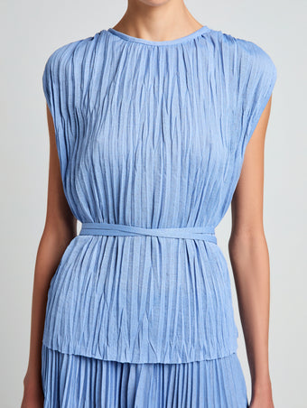 Proenza Schouler Detail image of model wearing Lyra Top in Pleated Jersey in Pool