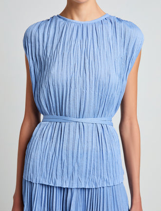 Proenza Schouler Detail image of model wearing Lyra Top in Pleated Jersey in Pool