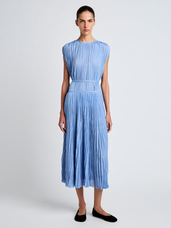 Proenza Schouler Front full length image of model wearing Lyra Top in Pleated Jersey in Pool