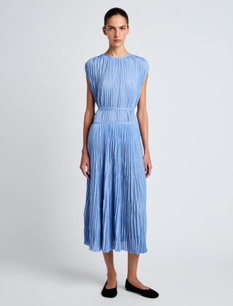 Proenza Schouler Front full length image of model wearing Lyra Top in Pleated Jersey in Pool