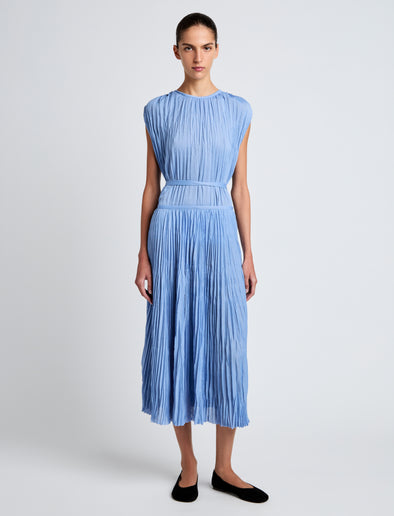 Proenza Schouler Front full length image of model wearing Lyra Top in Pleated Jersey in Pool