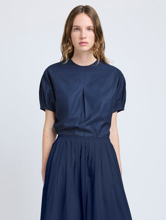 Proenza Schouler Front cropped image of model wearing Haleigh Top in Cotton Sateen in Navy