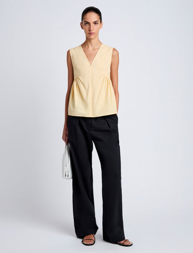 Proenza Schouler Front full length image of model wearing Sullivan Top in Tech Cotton in Light Wheat