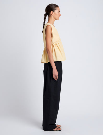 Proenza Schouler Side full length image of model wearing Sullivan Top in Tech Cotton in Light Wheat