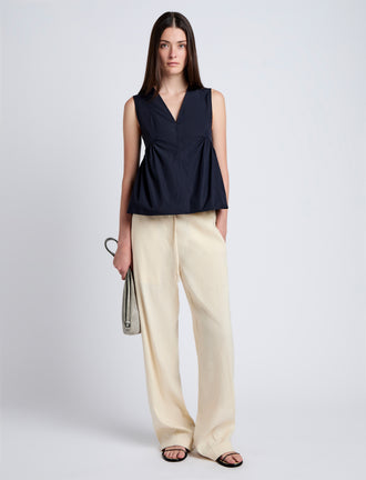 Proenza Schouler Front full length image of model wearing Sullivan Top in Tech Cotton in Navy