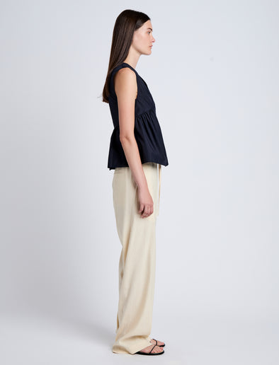 Proenza Schouler Side full length image of model wearing Sullivan Top in Tech Cotton in Navy