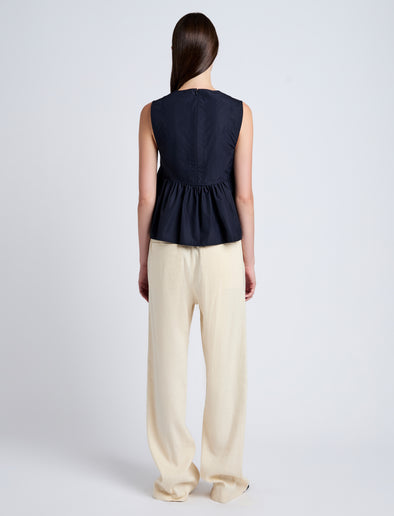 Proenza Schouler Back full length image of model wearing Sullivan Top in Tech Cotton in Navy