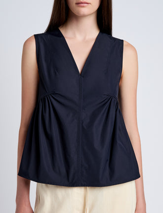 Proenza Schouler Detail image of model wearing Sullivan Top in Tech Cotton in Navy
