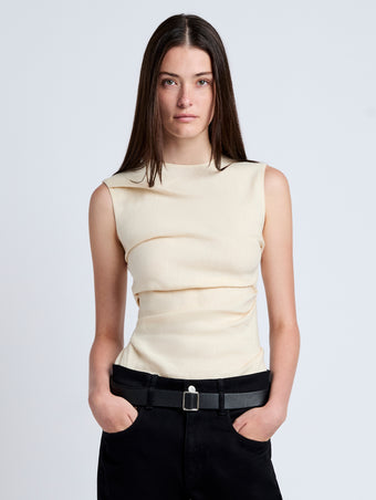 Proenza Schouler Front cropped image of model wearing Anoushka Top in Linen Slub in Light Wheat
