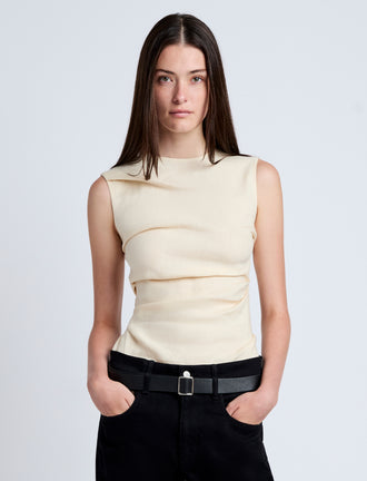 Proenza Schouler Front cropped image of model wearing Anoushka Top in Linen Slub in Light Wheat