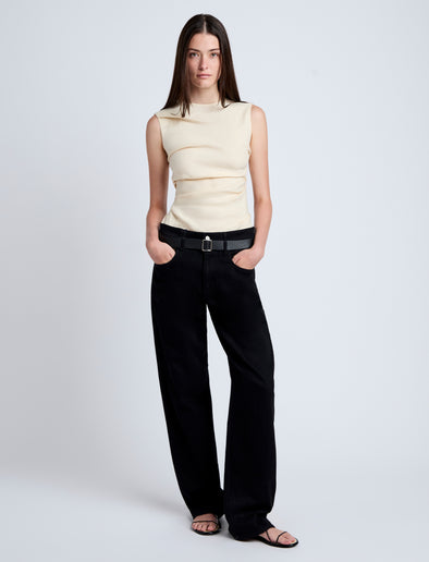 Proenza Schouler Front full length image of model wearing Anoushka Top in Linen Slub in Light Wheat