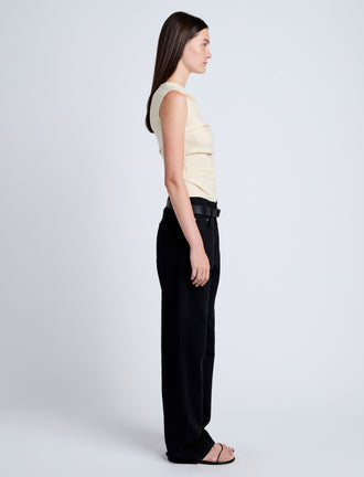 Proenza Schouler Side full length image of model wearing Anoushka Top in Linen Slub in Light Wheat